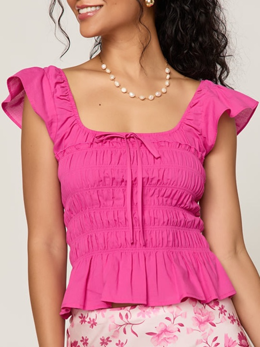Francesca's - Janet Smocked Short Sleeve Top in Bright Pink